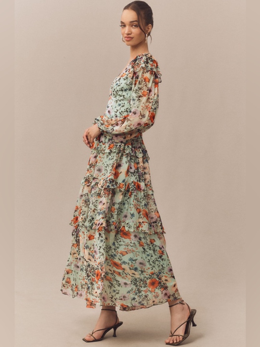 Floral Chiffon Plunge Long-Sleeve Ruffle Maxi Dress